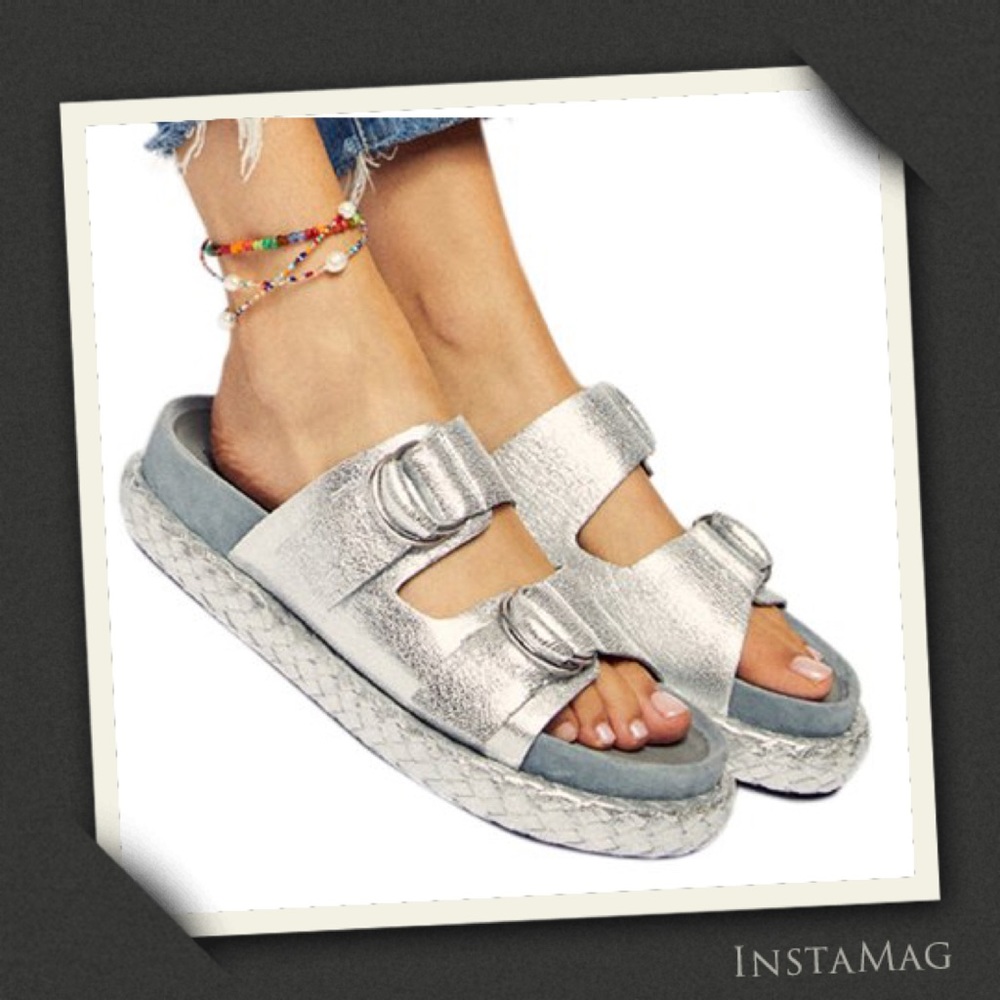 FREE PEOPLE Silver Espadrille Platform Sandal Slides